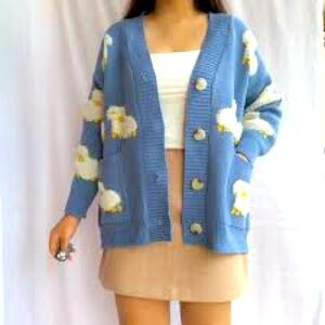 Shein Women Blue Yellow Sheep Print Cardigan Sweater Size S Oversized Boxy Fit